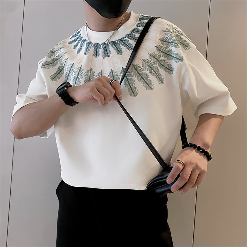 8963/特P68控98夏季痞帅小伙复古重磅刺绣风短袖T恤男上衣白首,男装T恤,星座305B