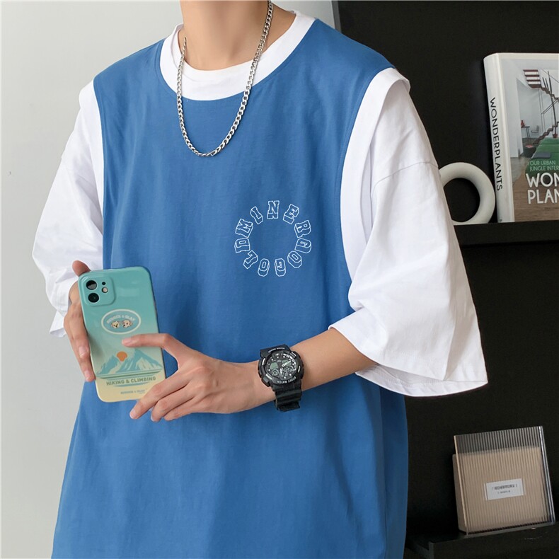 假两件短袖男百搭夏季t恤ins宽松半袖衣服潮牌五分袖T0586-P25,男装T恤,星座308B-1