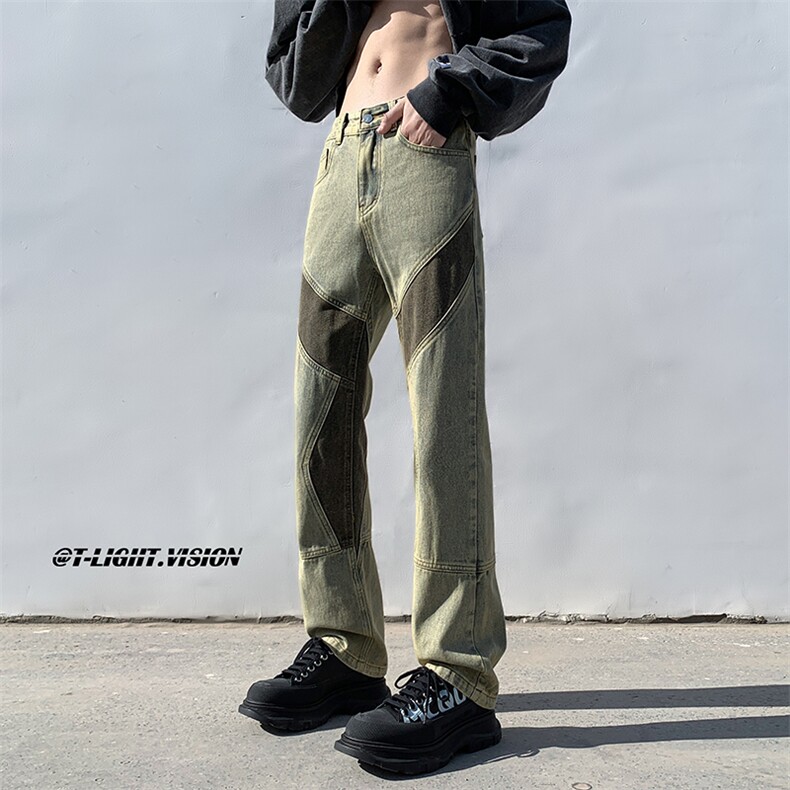 B221美式ins高街小众拼接修身小脚牛仔裤LK23038-P65控88,男装牛仔裤,电商B221