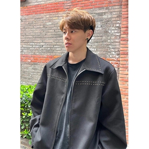 春秋季新款黑色时尚美式复古刺绣宽松休闲翻领夹克外套J777