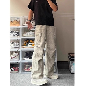 扎染工装裤子男生春秋季褶皱拼接款做旧潮牌宽松直筒阔腿运动长裤图片