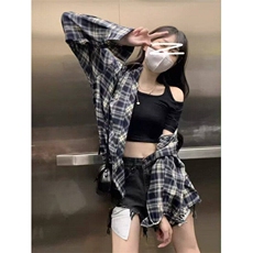 韩式复古长袖设计感小众宽松百搭格子衬衫外套女衬衣潮WLC011-P35，男装衬衫，星座1008