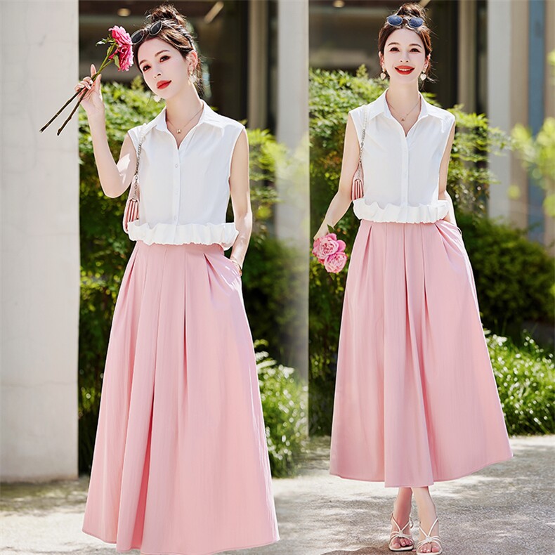 2026年新款夏季裙子女粉色垂感显瘦a字中长款高腰百褶裙半身裙，女装套装/套裙，兰菲阁