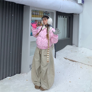 1506-1/M78451/P84女生时尚美式格子羊羔毛毛领短款棉服图片