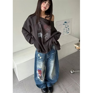 个性破洞水洗蓝色牛仔裤女夏宽松显瘦百搭直筒阔腿拖地裤 NZ7027图片