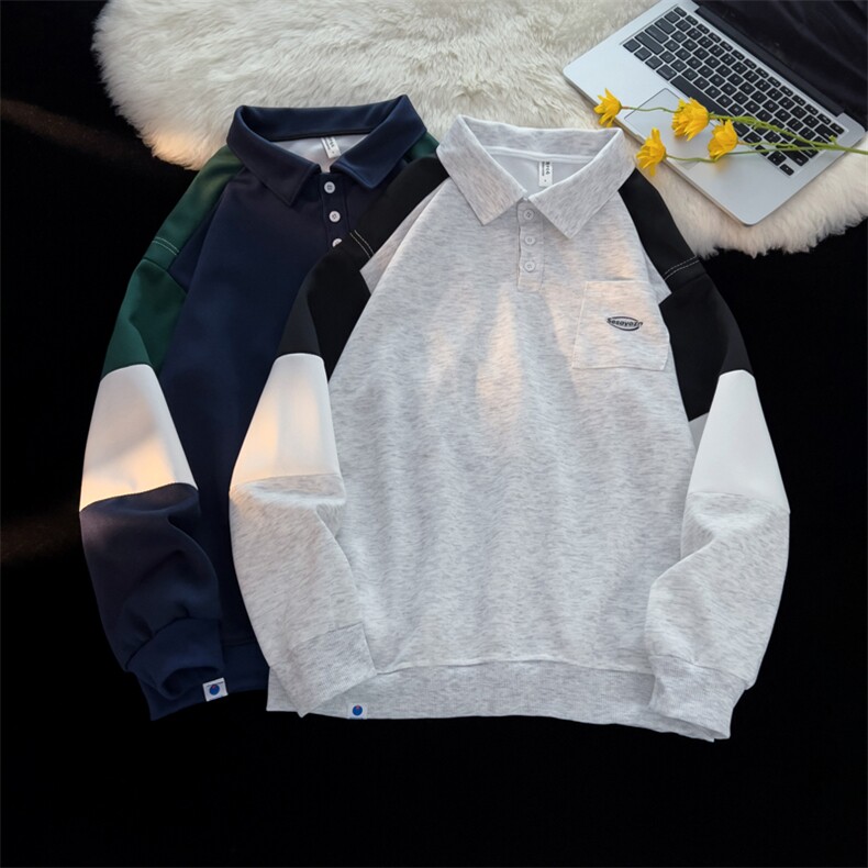 港风秋款男POLO领卫衣字母印花拼色卫衣夹克休闲外套WY45P45,男装卫衣,星座1013-1
