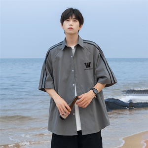 港风 24夏季新款时尚宽松翻领织带拼色衬衫情侣潮S262 特P35控58图片