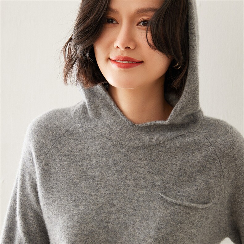 秋冬新款连帽羊绒衫时尚百搭舒适保暖显瘦修身,女装羊绒衫,七柒羊绒