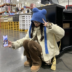 休闲连帽牛角扣羊羔毛短外套女秋冬超火好看高级小众加绒加厚夹克，女装毛呢外套，2D012