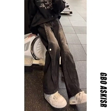 复古重工美式高街做旧水洗牛仔裤男女秋季小众结构拼接微喇裤潮，男装牛仔裤，星座506A