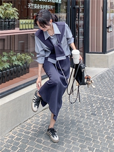 韩系早秋穿搭上衣半身裙套装女2025新款松弛感披肩条纹衬衫三件套图片