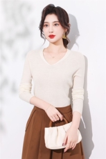 杨子纱100%超细羊毛鱼骨纹V?领套衫，女装针织衫/毛衣，优麦羊绒（原洪叶羊绒）