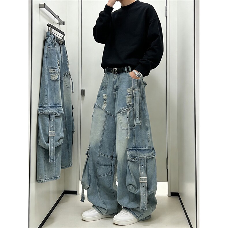 宽松直筒工装牛仔裤大口袋长裤A155-P75，男装牛仔裤，电商D312