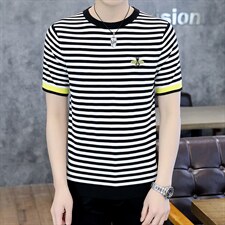条纹圆领短袖T恤男士2023夏季新款透气商务休闲上衣时尚百搭男装，男装T恤，电商B212（原钱塘6029）