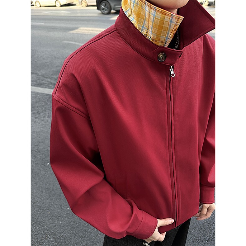 春季撞色格子搭扣立领夹克cleanfit短款外套男C61316-TP5598,男装夹克,电商A102