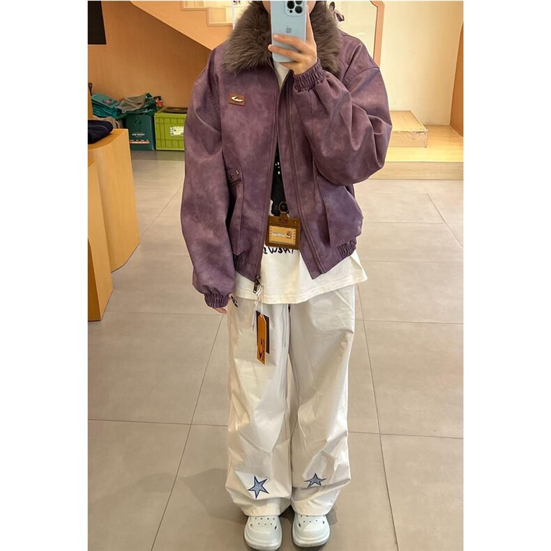 美式复古皮衣夹克女秋冬季可拆卸毛领紫色外套宽松休闲高级感上衣,男装夹克,星座506A