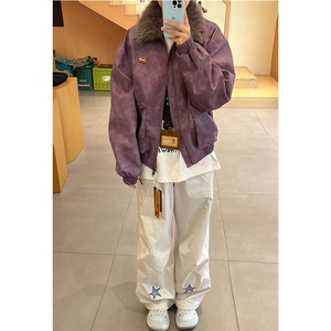 美式复古皮衣夹克女秋冬季可拆卸毛领紫色外套宽松休闲高级感上衣图片