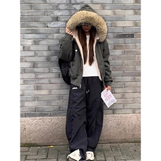 现货重磅boxy短款棉衣座山雕大毛毛领男女棉服水洗工装厚外套，男装棉衣，电商A486-1