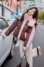 现货拼色羽绒服短款2024年冬季新款宽松时尚白鸭绒90，女装羽绒服，千千佰惠