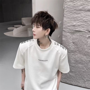 时尚流行无品牌气质美式高级感短袖T恤男士夏季宽松新款百搭文艺图片