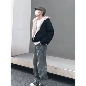 现货高品质美式高街冬季重磅硬挺短款座山雕毛领棉衣男女加厚外套图片