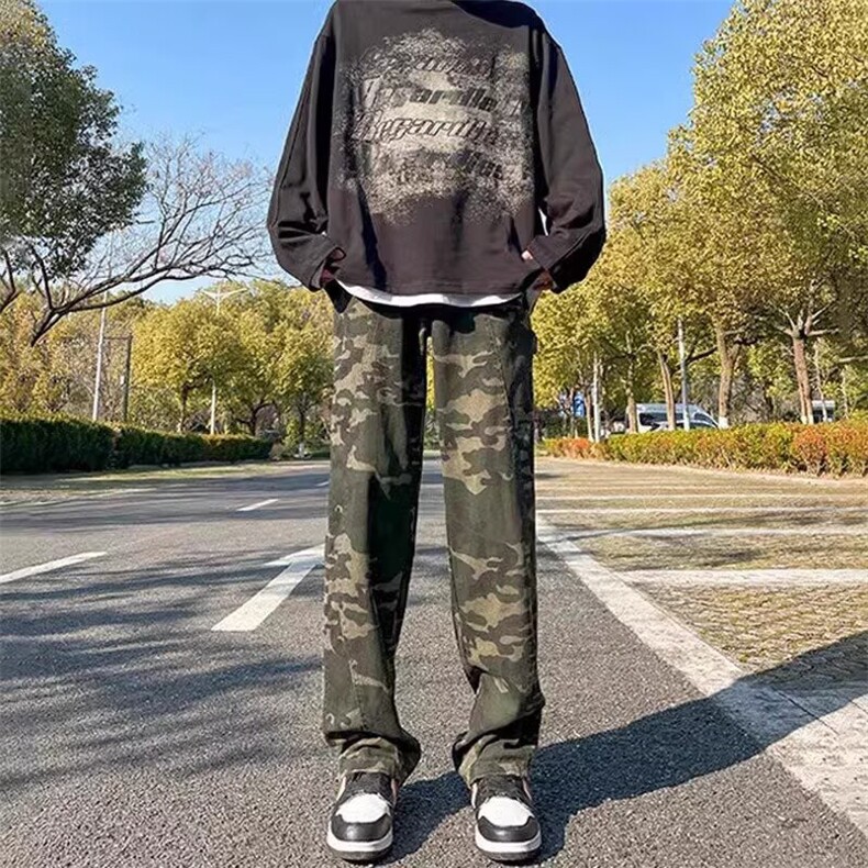 抖音得物美式复古迷彩微喇工装裤男款vibe高街裤子修身牛仔裤AK11图片