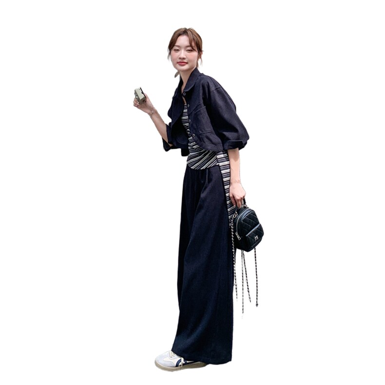 设计感条纹打底套装女2025秋新款时尚减龄短外套显瘦阔腿裤三件套,女装套装/套裙,2C092
