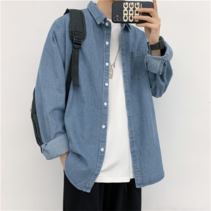 日系港风长袖男青年春秋衬衫牛仔潮流韩版帅气衬衣 现货 W263-P40图片