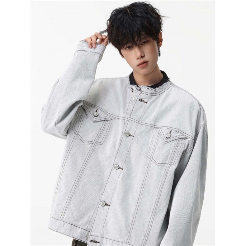 美式复古撞色毛边拼接牛仔外套秋季潮流宽松设计感夹克，男装工装外套，星座410-6（原星座1304-1）