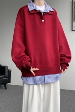 美式复古假两件翻领毛衣男新款长袖拼接上衣羊毛衫外套MY1233P65，男装针织衫/毛衣，电商D206-1