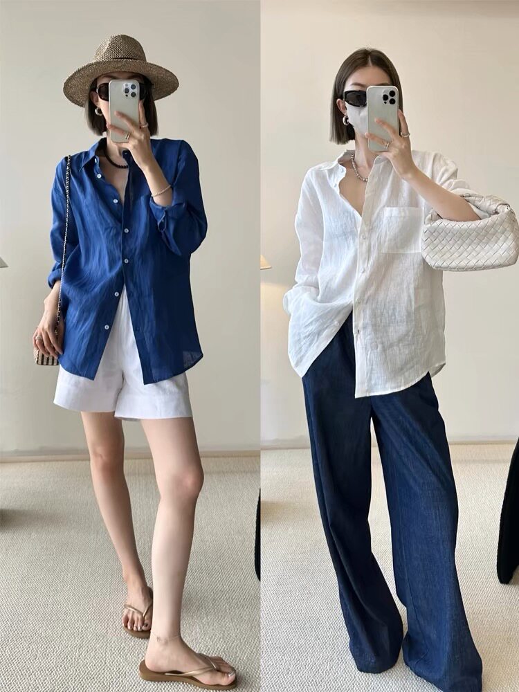 2025宽松休闲衬衣防晒衣同款棉麻材质,女装衬衫,织己羊绒