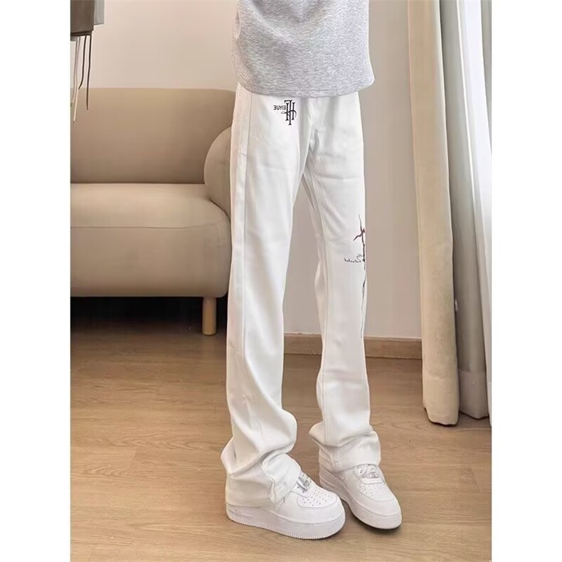 高街裤子白色潮闪电烫印微喇牛仔裤男款直筒修身弯刀AMB234P42,男装牛仔裤,星座1013-5