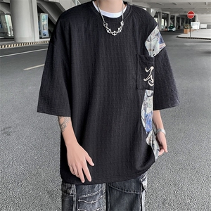 新中式男装t恤风短袖刺绣高级感工装夏季美式重磅7七分袖卫衣图片
