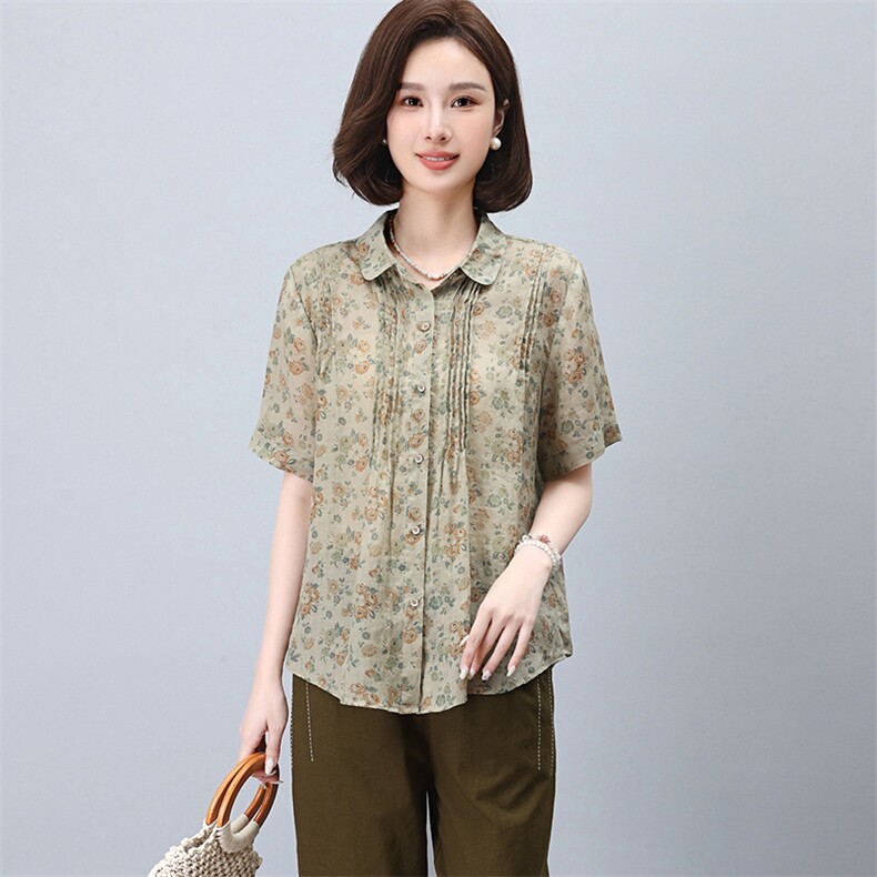 时尚印花高端上衣苎麻翻领衬衫女，女装衬衫，3200格调