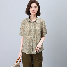 时尚印花高端上衣苎麻翻领衬衫女，女装衬衫，3200格调