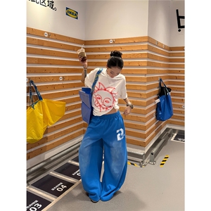 美式复古渐变蓝阔腿抽绳卫裤男女垂感拖地休闲运动裤潮K6616-P43图片
