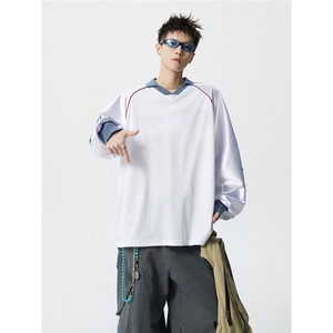 可二开美式POLO衫大码M-5XL拼接V领球衣长袖T恤男CX78111P45控69图片