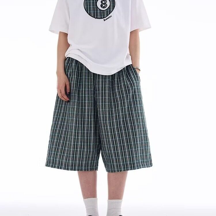 美式复古格子格纹宽松廓形七分裤男女夏季慵懒风直筒休闲裤青少年图片