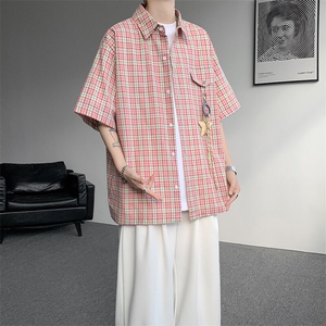 CS1151-特批40控78夏季新款男女格子短袖大码男衬衫（带配件）,男学生黑大衣搭配图片