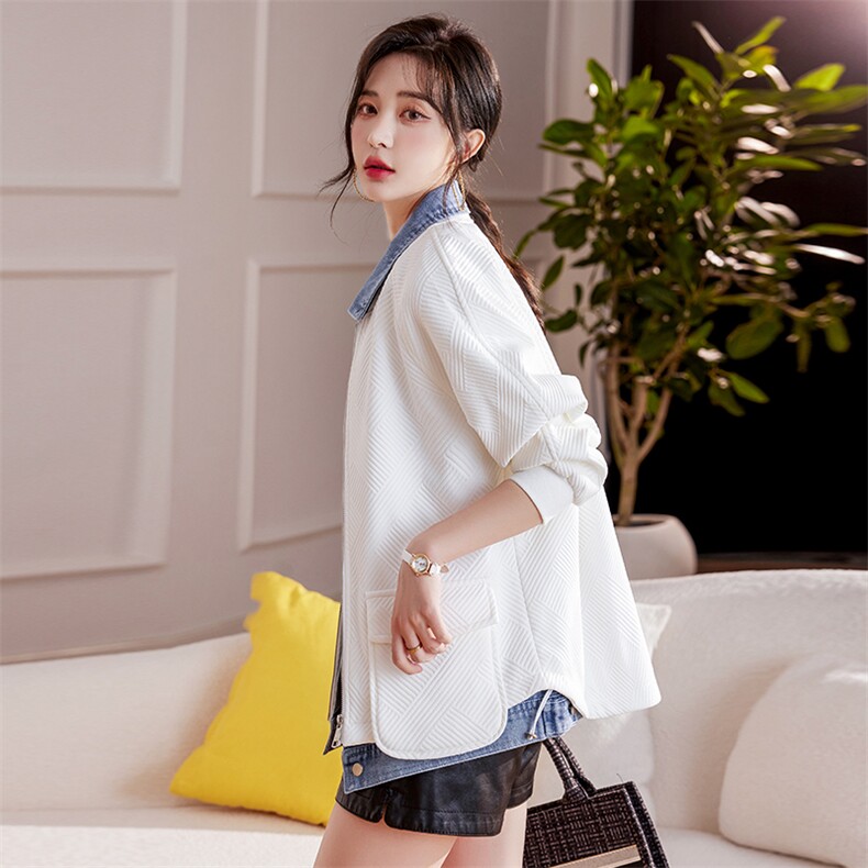 独特超好看牛仔拼接外套女春秋设计感小众休闲百搭假两件白色夹克，女装短外套，靓星雨