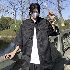 F258-P452024夏季新中式风盘扣衬衫男美式潮牌短袖衬衣现货，男装衬衫，星座512-6