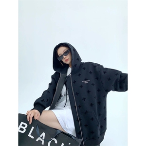 网图有货 秋季chic宽松夹克慵懒风满印连帽开衫卫衣男女 A915-P62图片