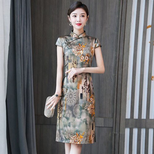 杭州真丝连衣裙女新款蚕改良旗袍2026年夏季新款复古妈妈裙子图片