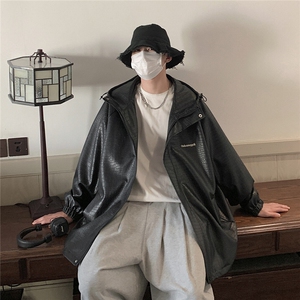 1港风连帽鳄鱼纹PU皮大码M-5XL情侣女冲锋衣夹克男JK8744P90控128图片