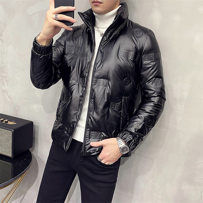 90白鸭绒英伦羽绒服男短款立领亮面大码外套B001-P140-亮面灰色图片