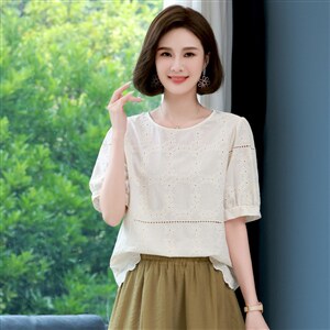 2022夏装新款舒适提花短袖上衣百搭女士套头上衣图片