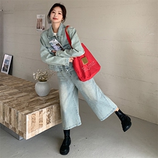 浅蓝色复古牛仔套装女2025春新款甜酷风时尚外套七分阔腿裤两件套，女装套装/套裙，浙宝305
