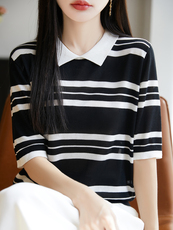 2025夏季翻领拼色条纹针织五分袖女POLO领薄款小个子正肩上衣T恤，女装T恤，大美人高端店