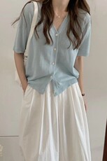 时尚百搭V领短袖开衫女宽松显瘦纯色针织衫外套毛衣，女装针织衫/毛衣，恩泰羊绒
