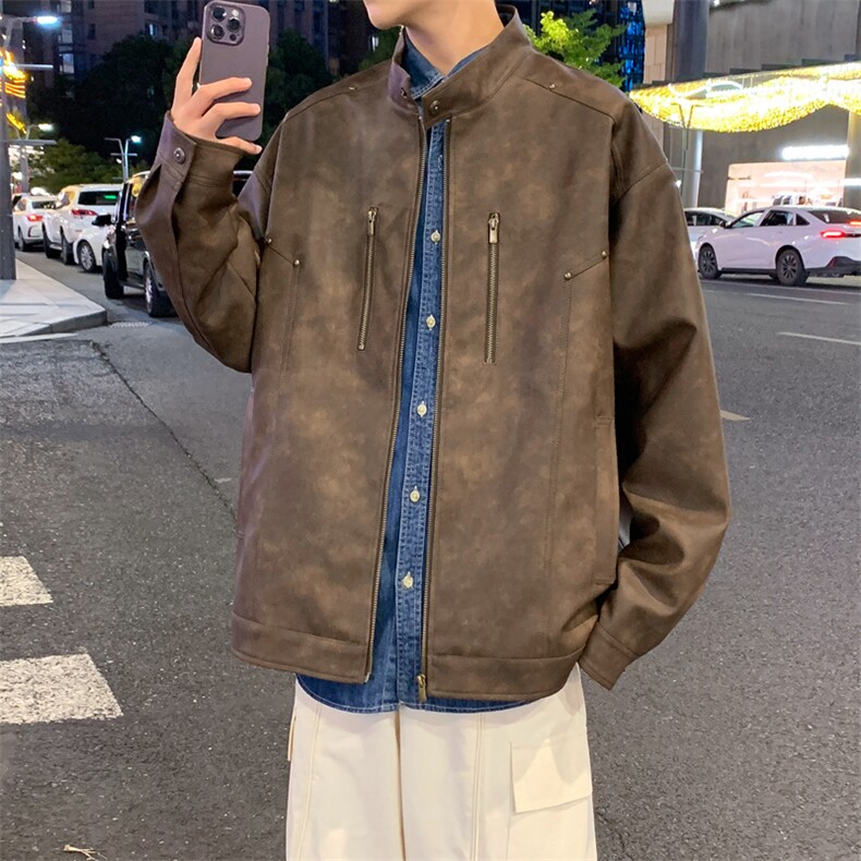 立领机车外套男春秋美式痞帅青年铆钉复古做旧皮夹克JK0193-P88,男装夹克,星座308B-2